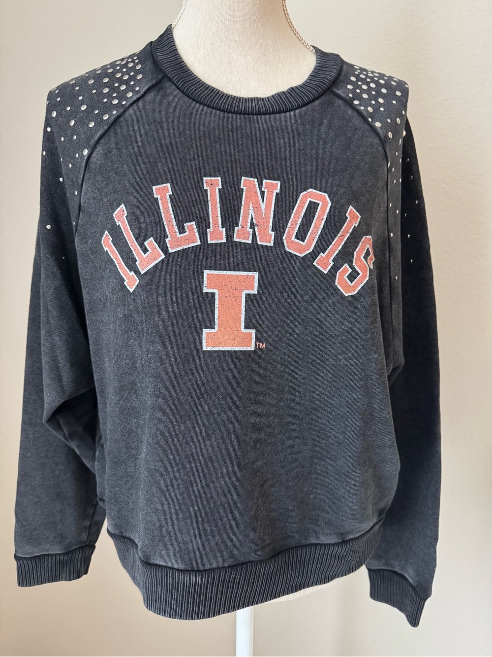Illinois Rhinestone-Shoulder Black Crewneck Sweatshirt